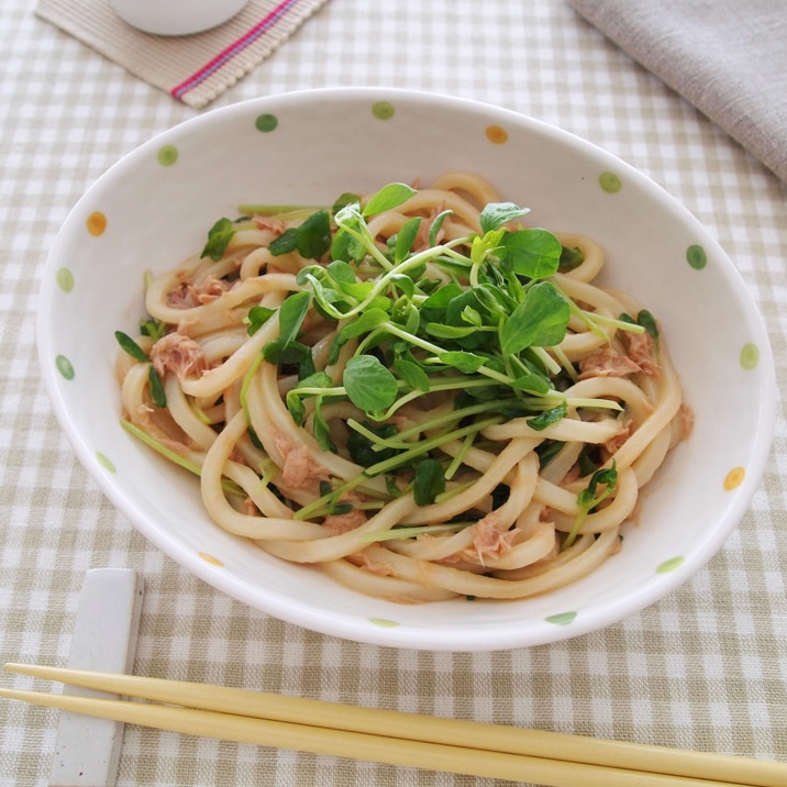 豆苗とツナのバタポンうどん